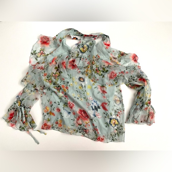ALICE + OLIVIA BLAYNE FLORAL COLD SHOULDER SILK TOP FLORAL SOIREE DUSTY AQUA M - Picture 9 of 9